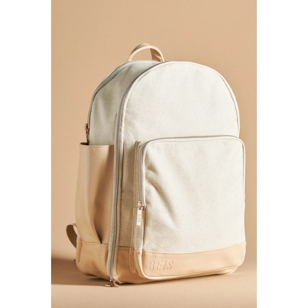Beis The Backpack Beige‎ Canvas Laptop Travel Bag Faux Leather Trim One Size